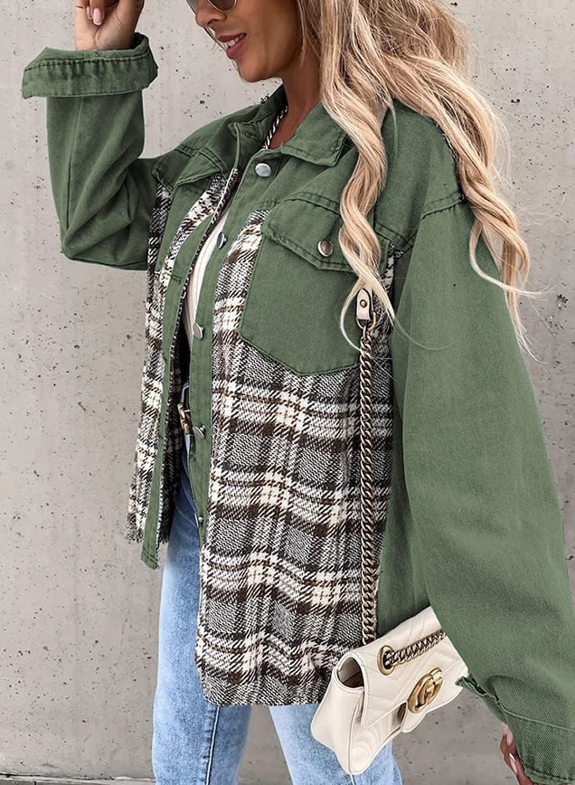 Denim Plaid Buttoned Shacket