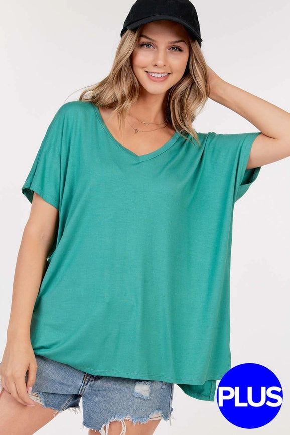 Basic Short Sleeve V Neck Boxy Top With Side Slits
