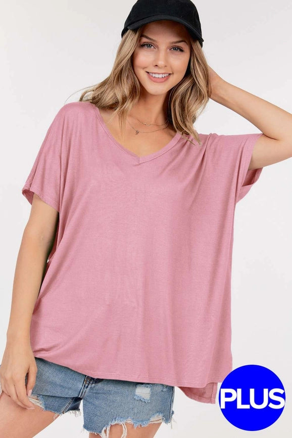 Basic Short Sleeve V Neck Boxy Top With Side Slits