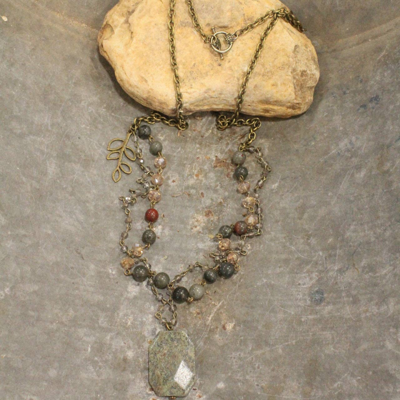 Double Layered Rosary Chain Stone Drop Necklace