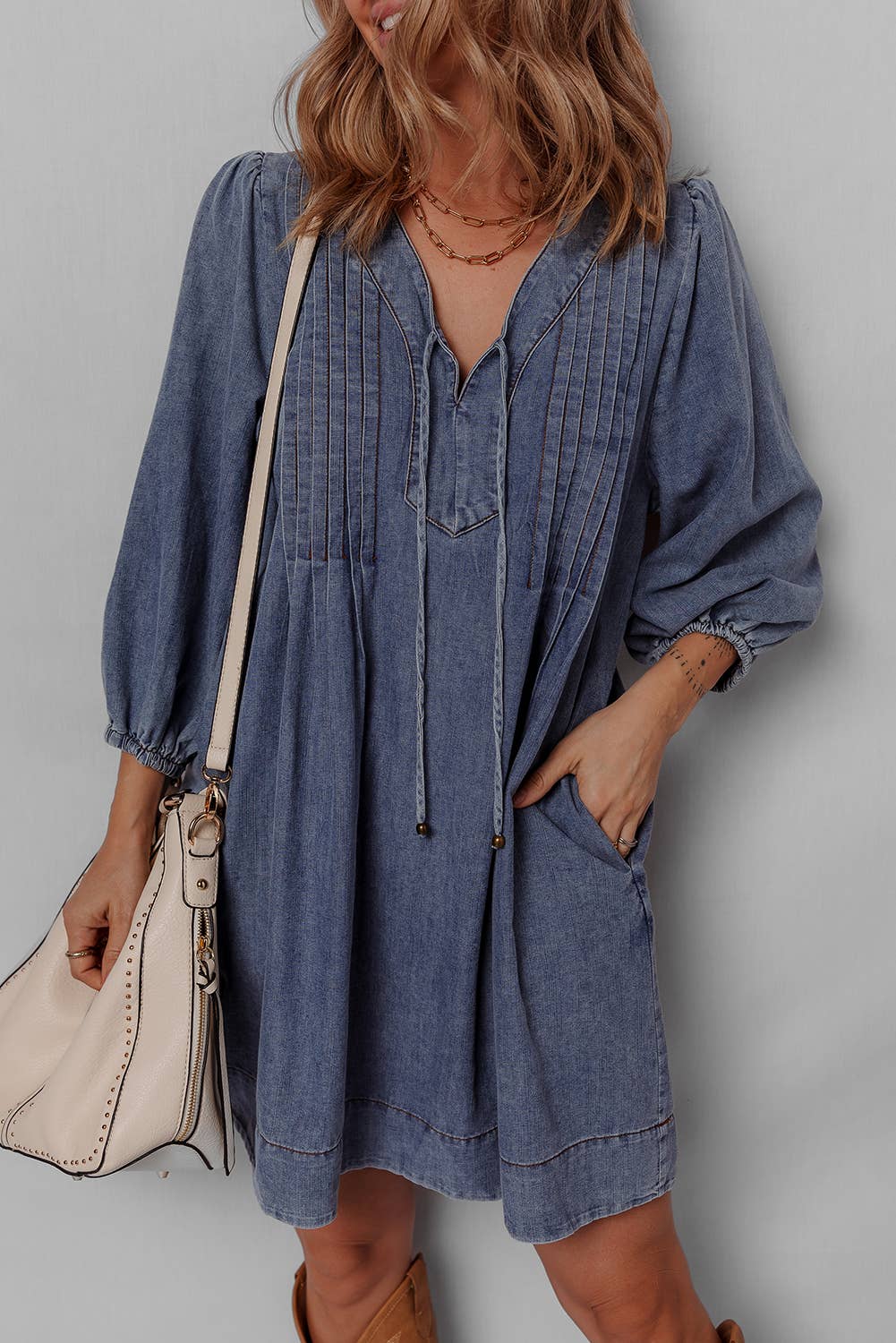 3/4 Sleeve Tied V Neck Pleated Denim Mini Dress