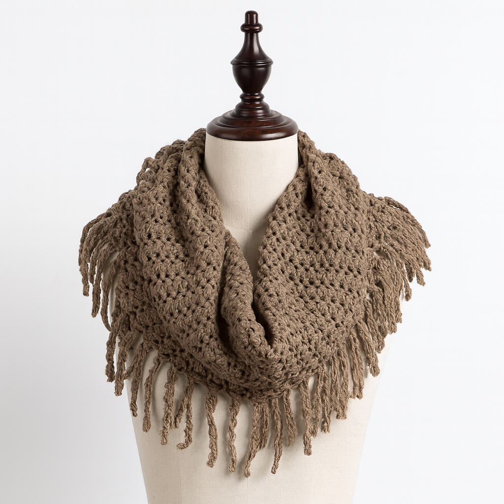 Taupe Tube-Style Scarf with Fringe
