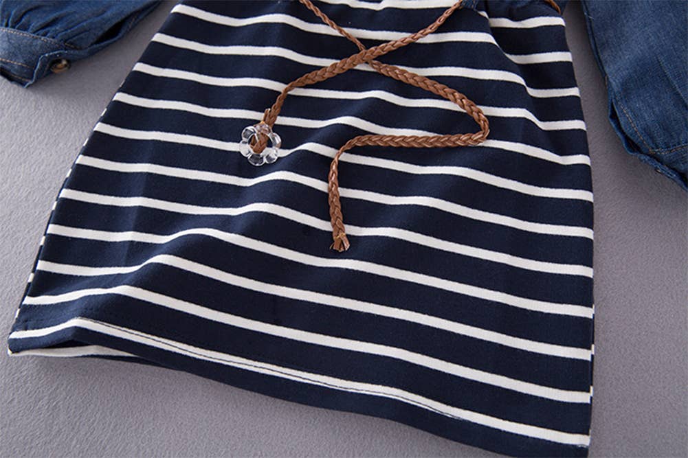 Girls Blue Ruffle Denim Striped Mini Tunic Dress with Belt