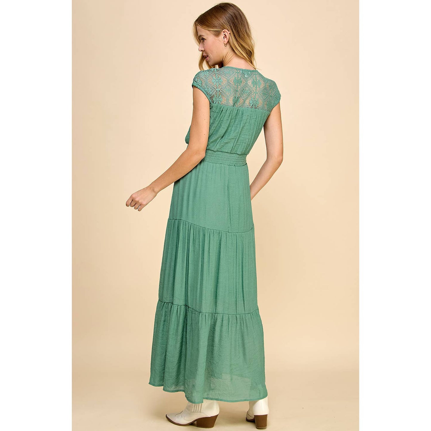 Lace Smocked Waist Tier Maxi Dress