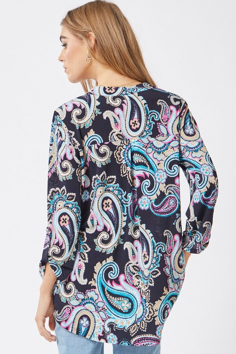 Navy Multi Colored Paisley 3/4 Sleeve Top