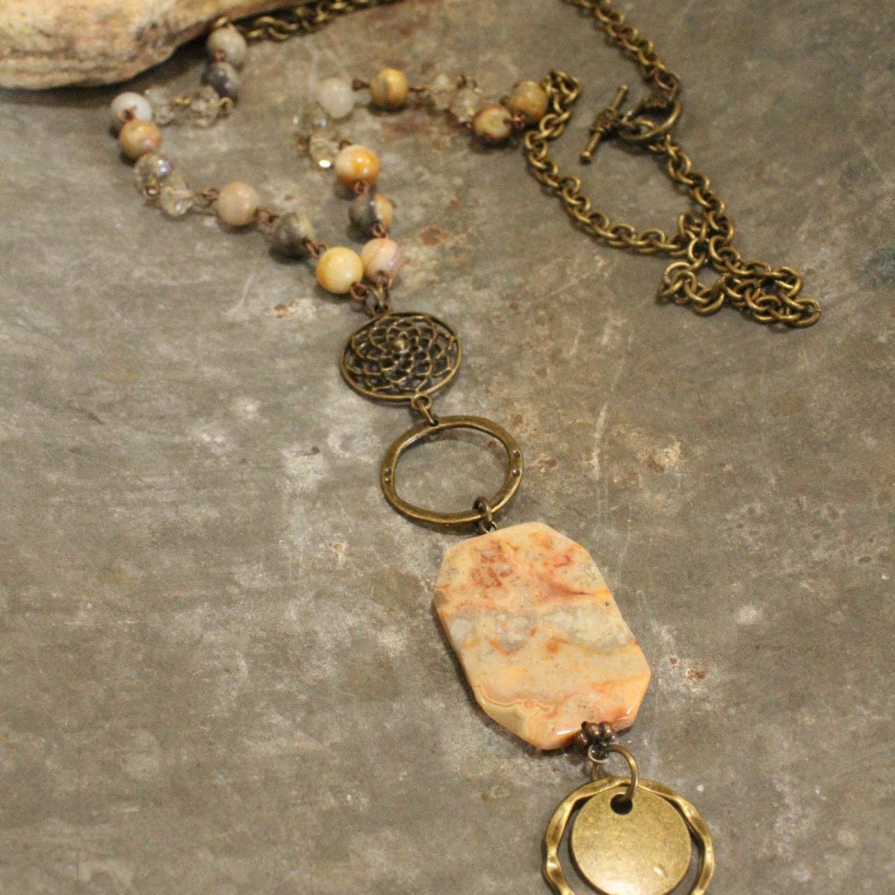 Bohemian Layered Rectangular Stone Long Necklace