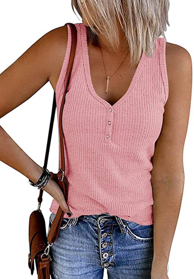 Fitted V-Neck Knit Button Tank