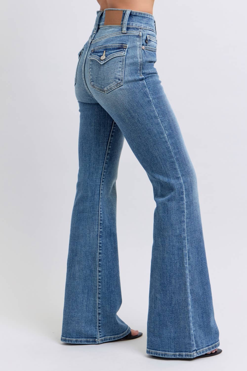 High Waisted Flare with Buttoned Back Pockets