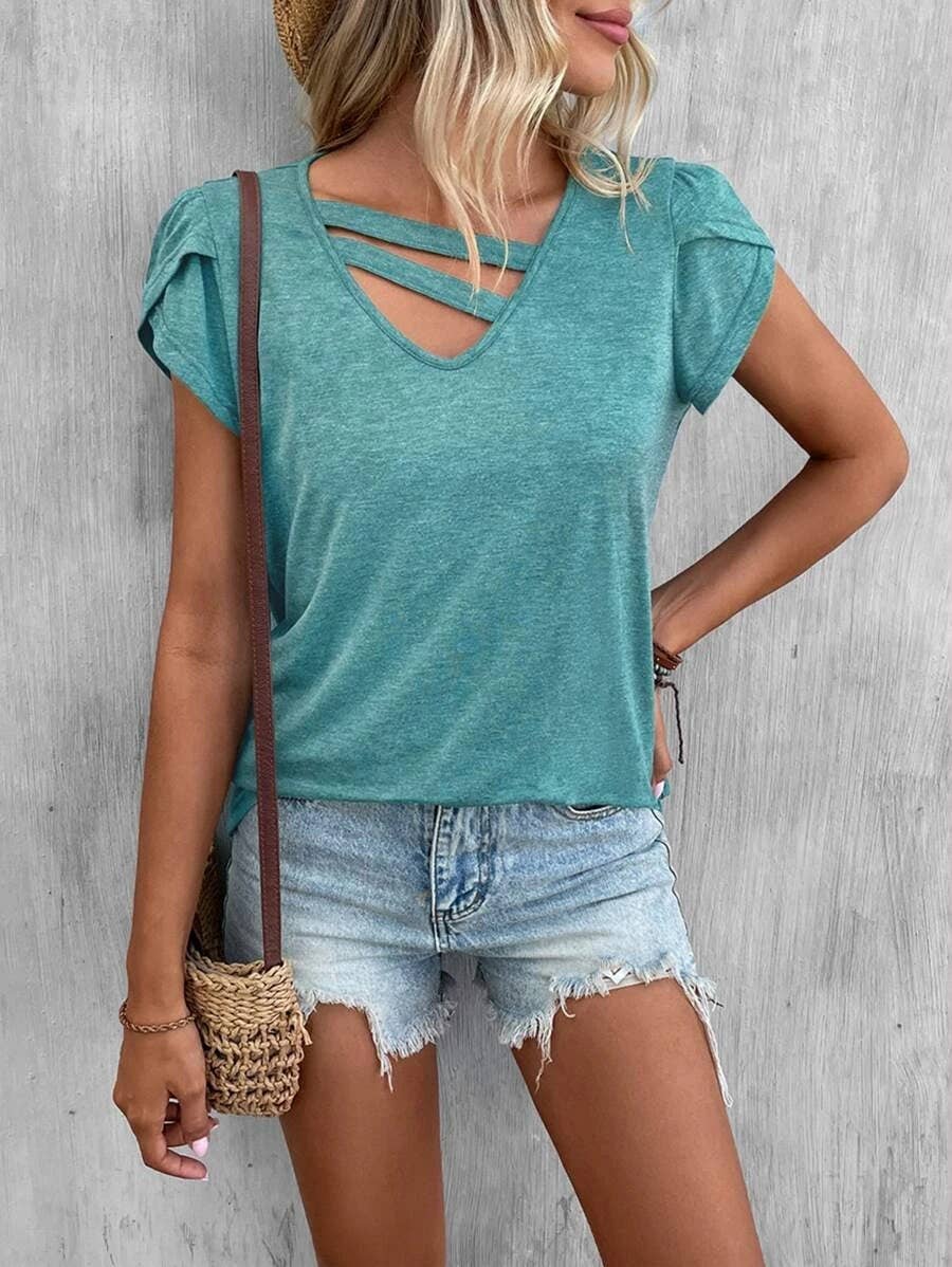 V-Neck Tee w/ Spliced Petal Sleeves
