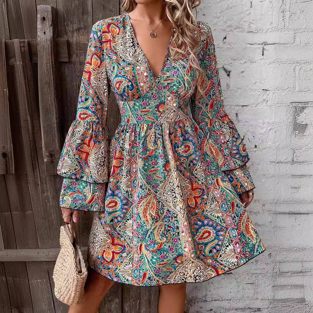 Boho Floral V Neck Flare Sleeve Wrap Dress