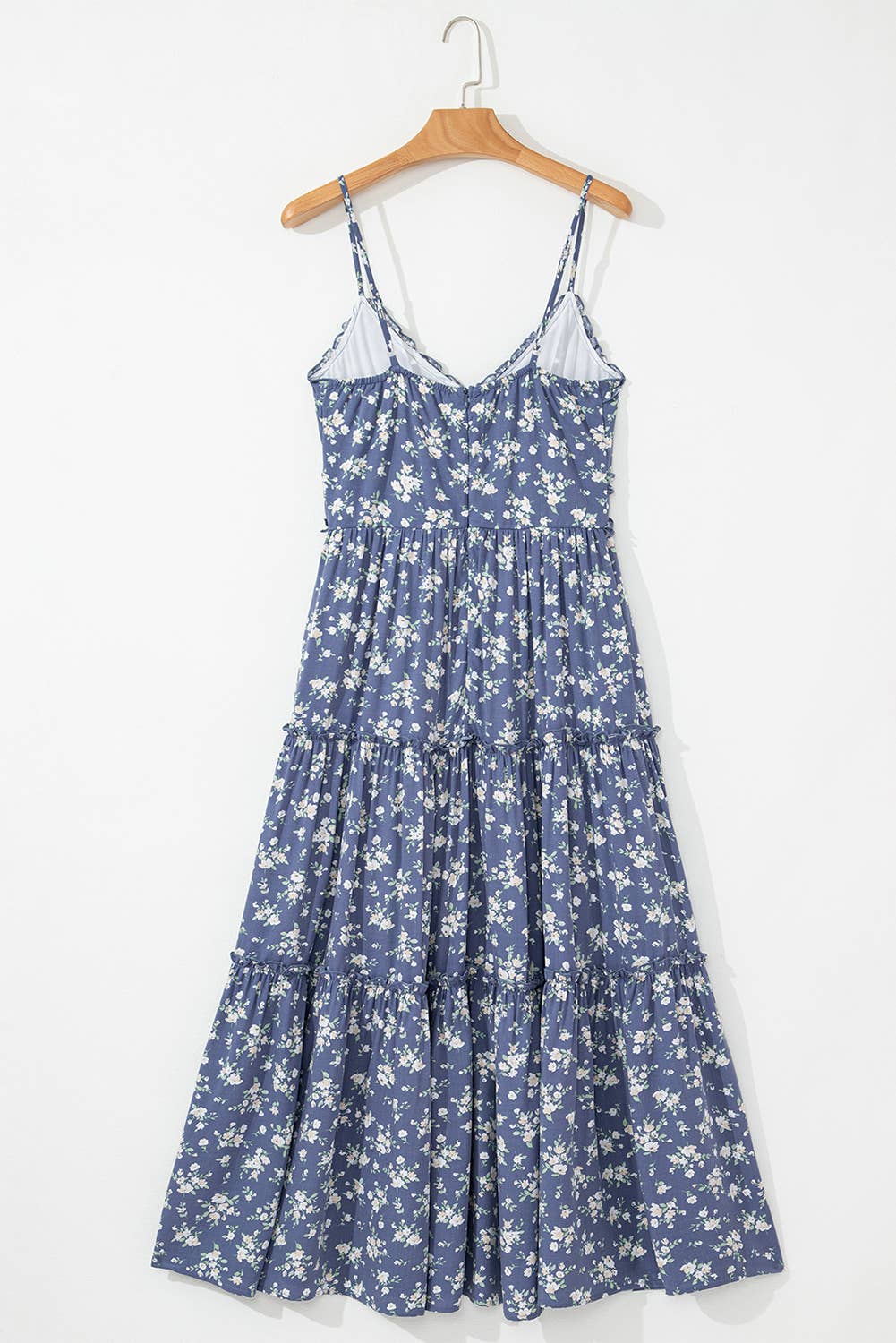 Floral Spaghetti Strap Frilled V Neck Tiered Midi Dress