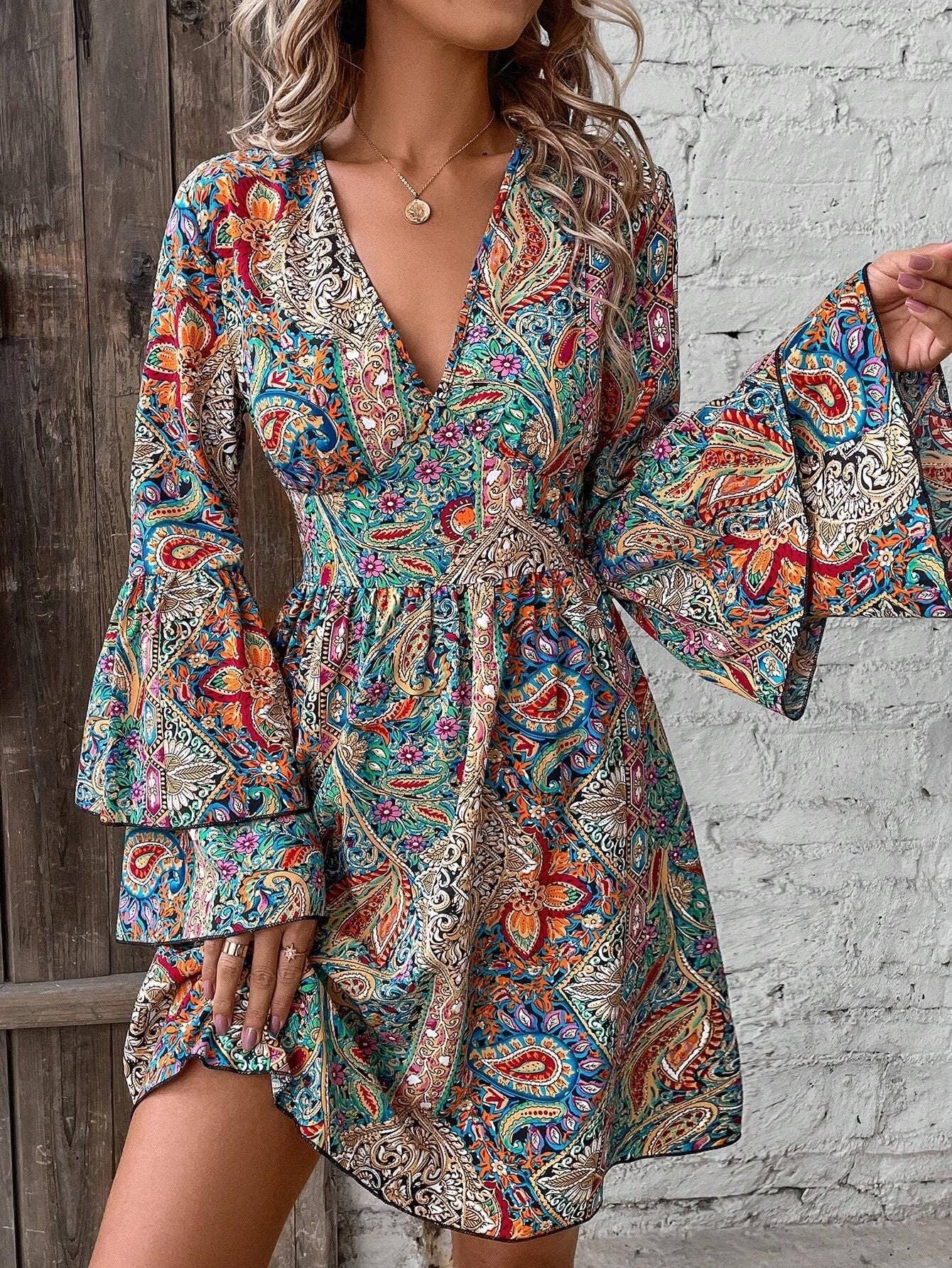 Boho Floral V Neck Flare Sleeve Wrap Dress