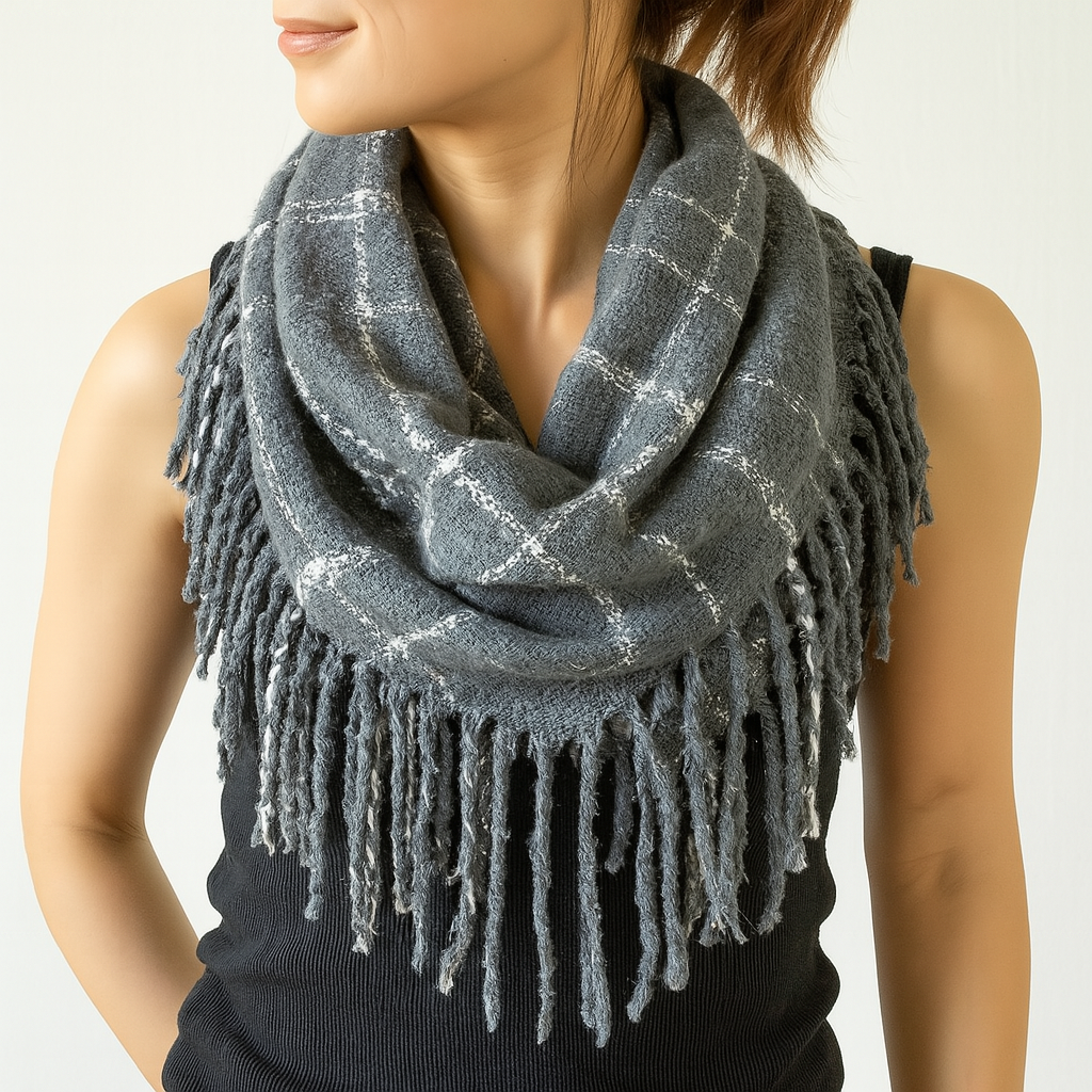 Grey and White Plaid Fringed Infinity Scarf