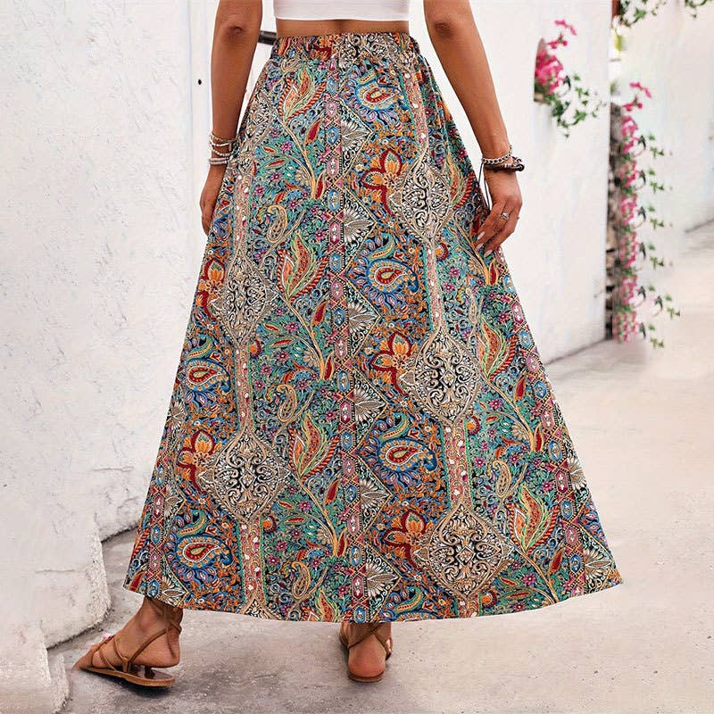 Multi Colored Paisley A-Line Skirt w/ Slit