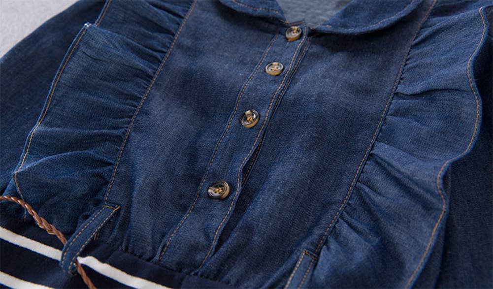Girls Blue Ruffle Denim Striped Mini Tunic Dress with Belt