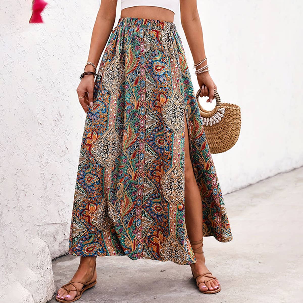 Multi Colored Paisley A-Line Skirt w/ Slit