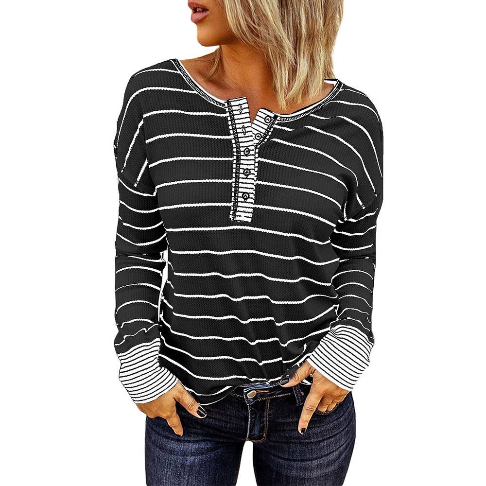 Long Sleeve Striped Button Henley