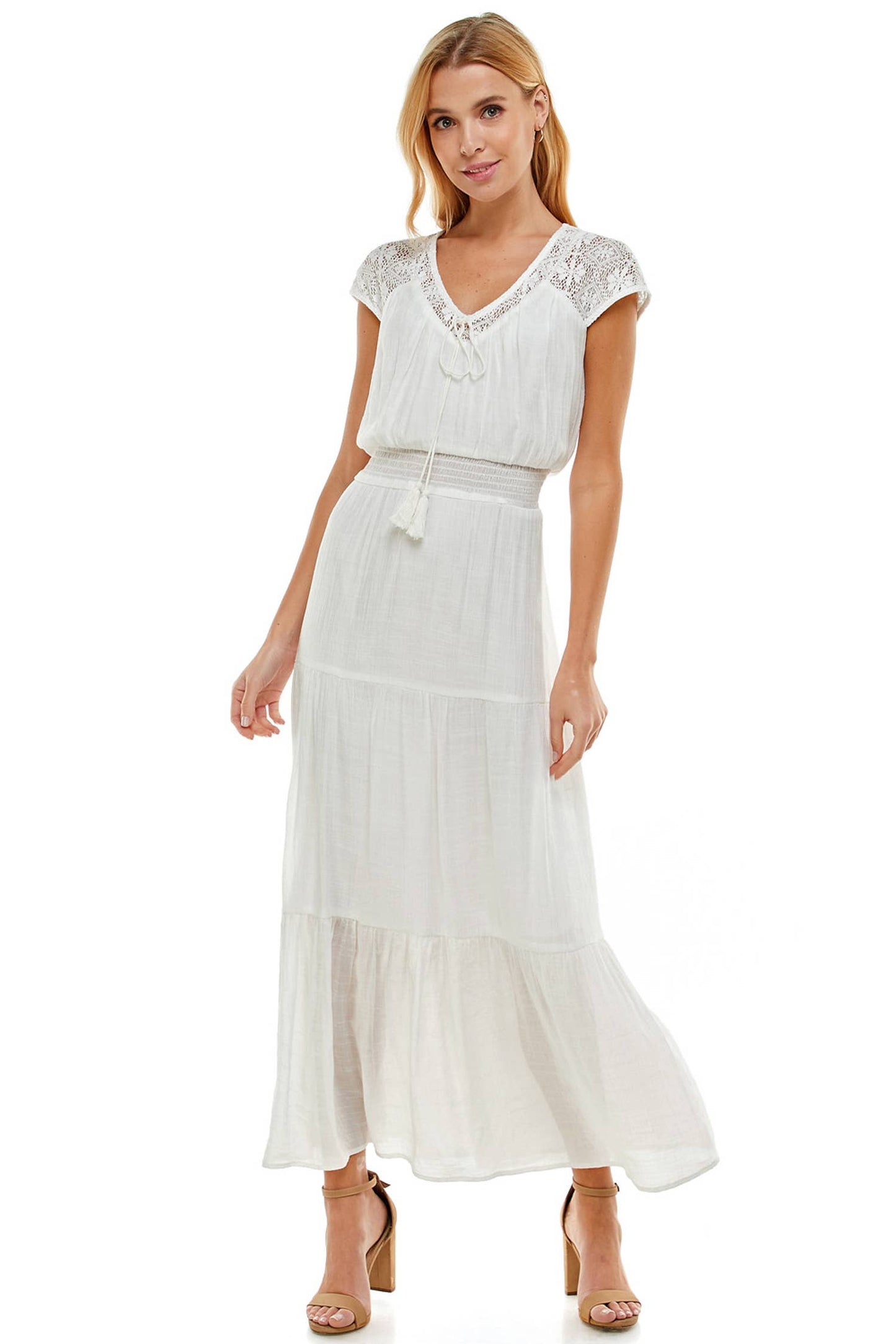 Lace Smocked Waist Tier Maxi Dress
