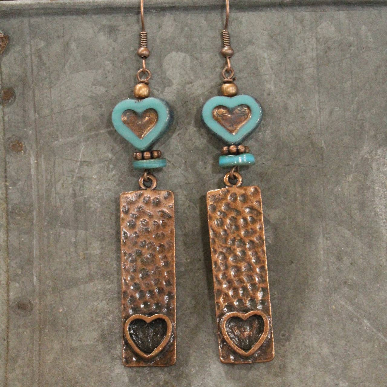 Hammered Copper & Czech Heart Dangle Earrings