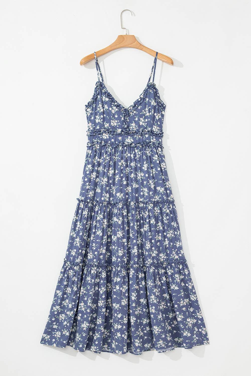 Floral Spaghetti Strap Frilled V Neck Tiered Midi Dress
