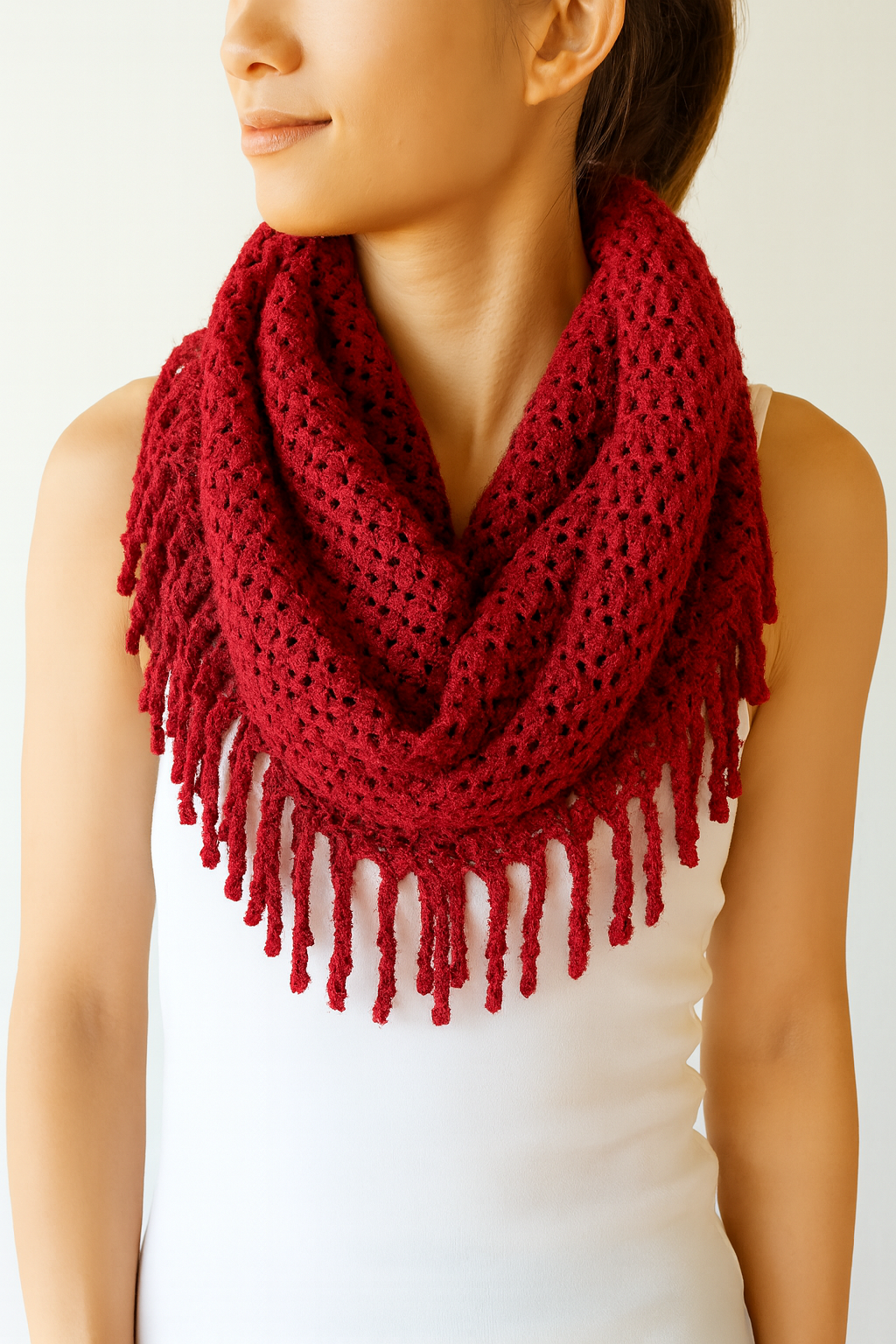 Red Tube-Style Scarf with Fringe