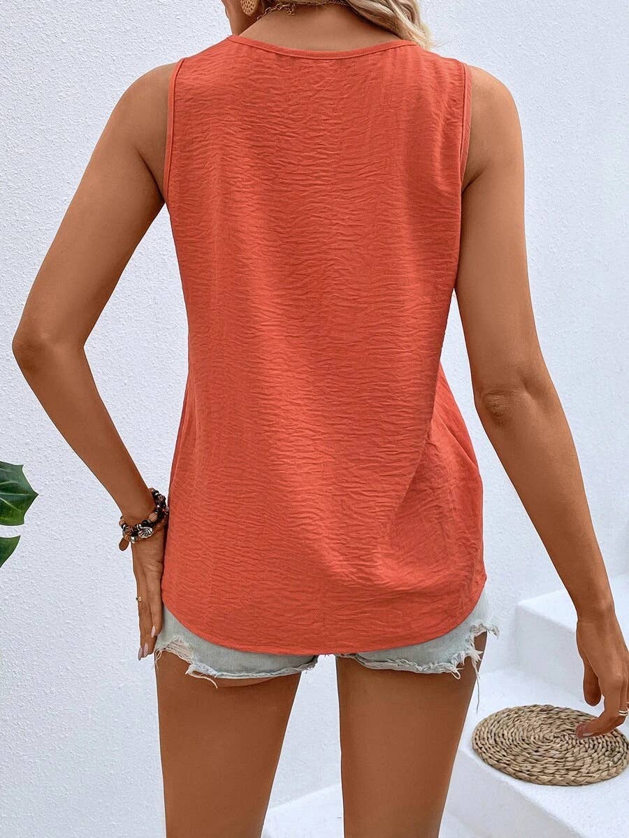 Textured V-Neck Sleeveless Top w/ Button Detail