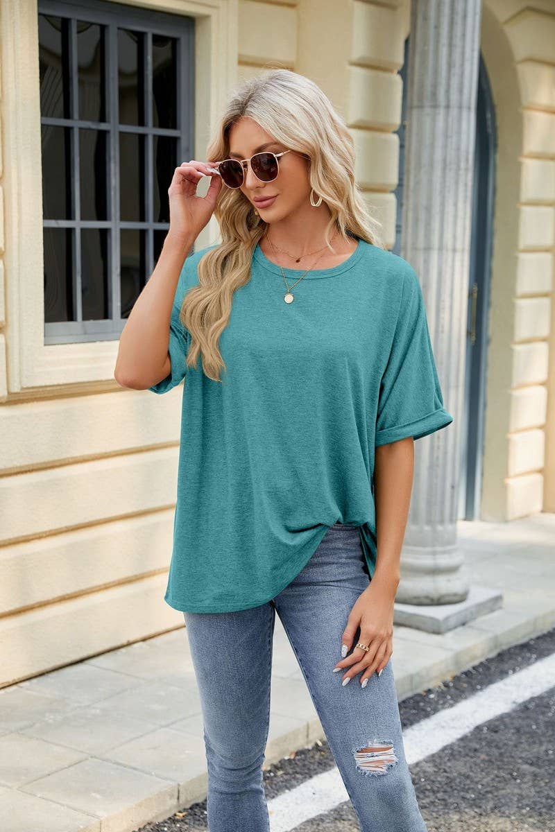 Solid Round Neck Short Sleeve Top