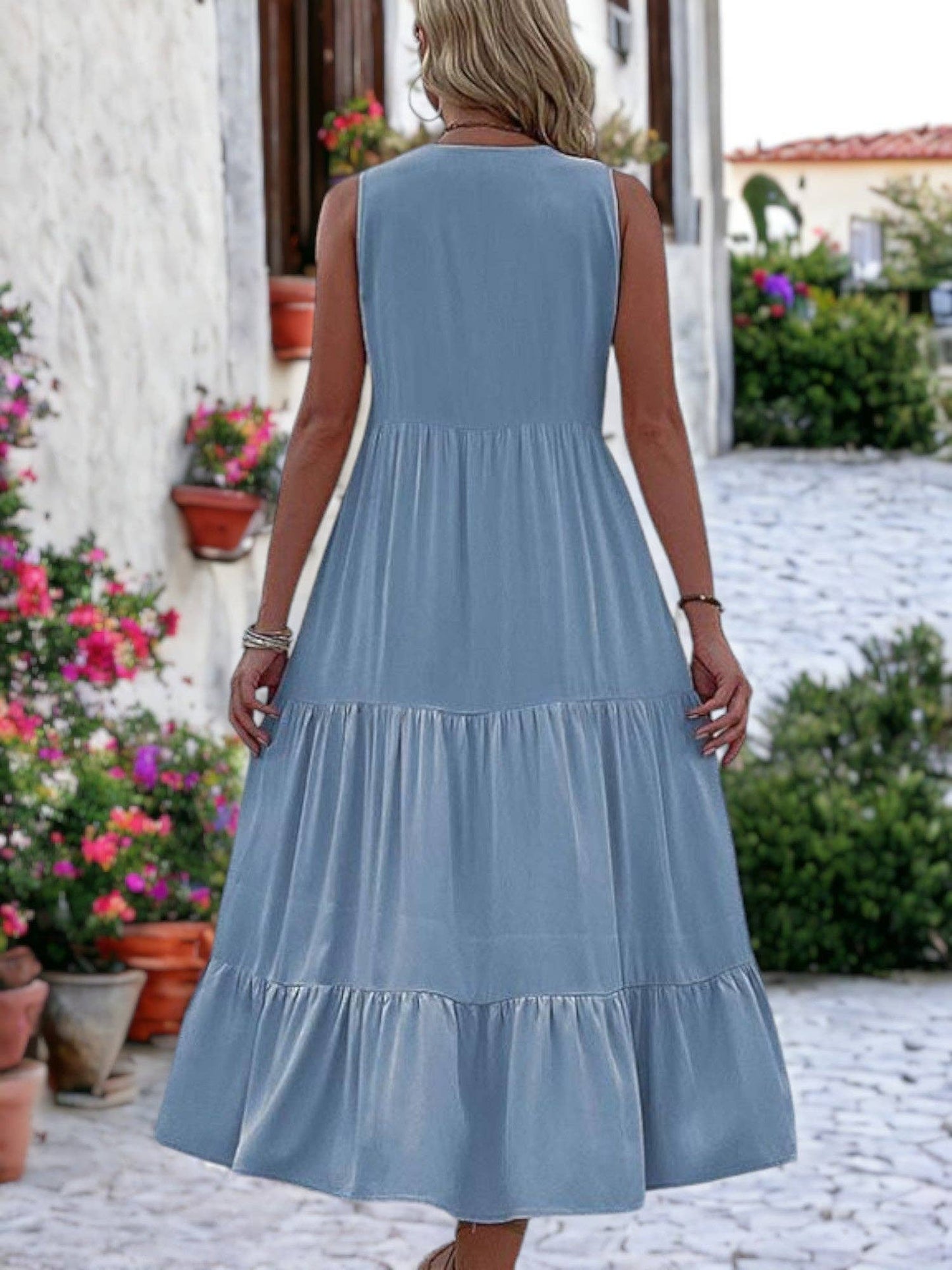 V-Neck Button Detailed Boho Midi Ruffle Dress