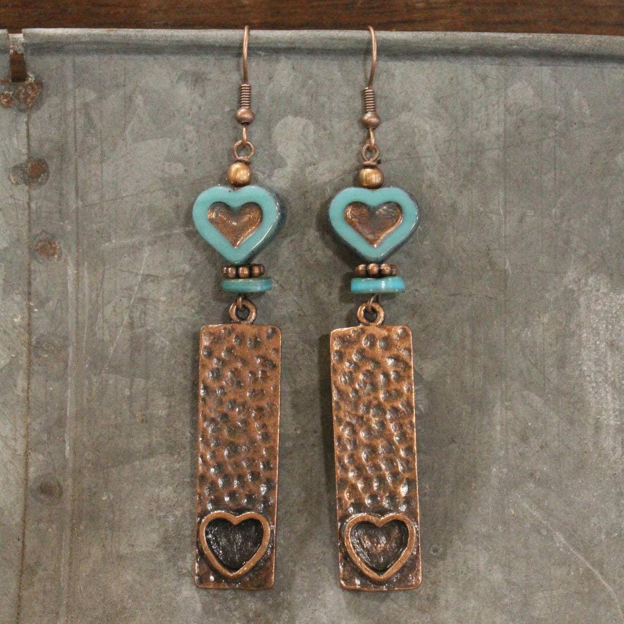 Hammered Copper & Czech Heart Dangle Earrings