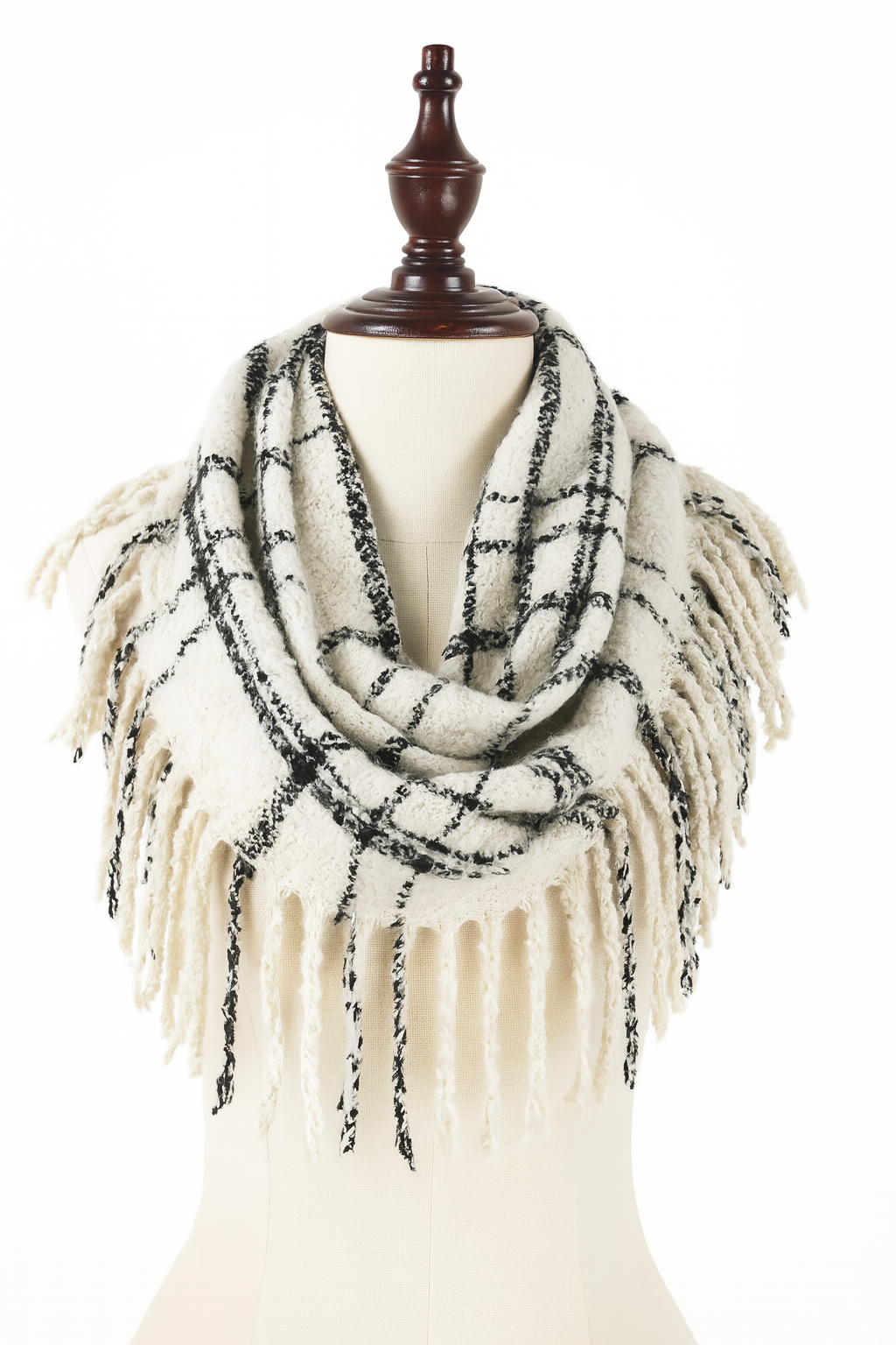 Ivory and Black Plaid Fringed Infinity Scarf