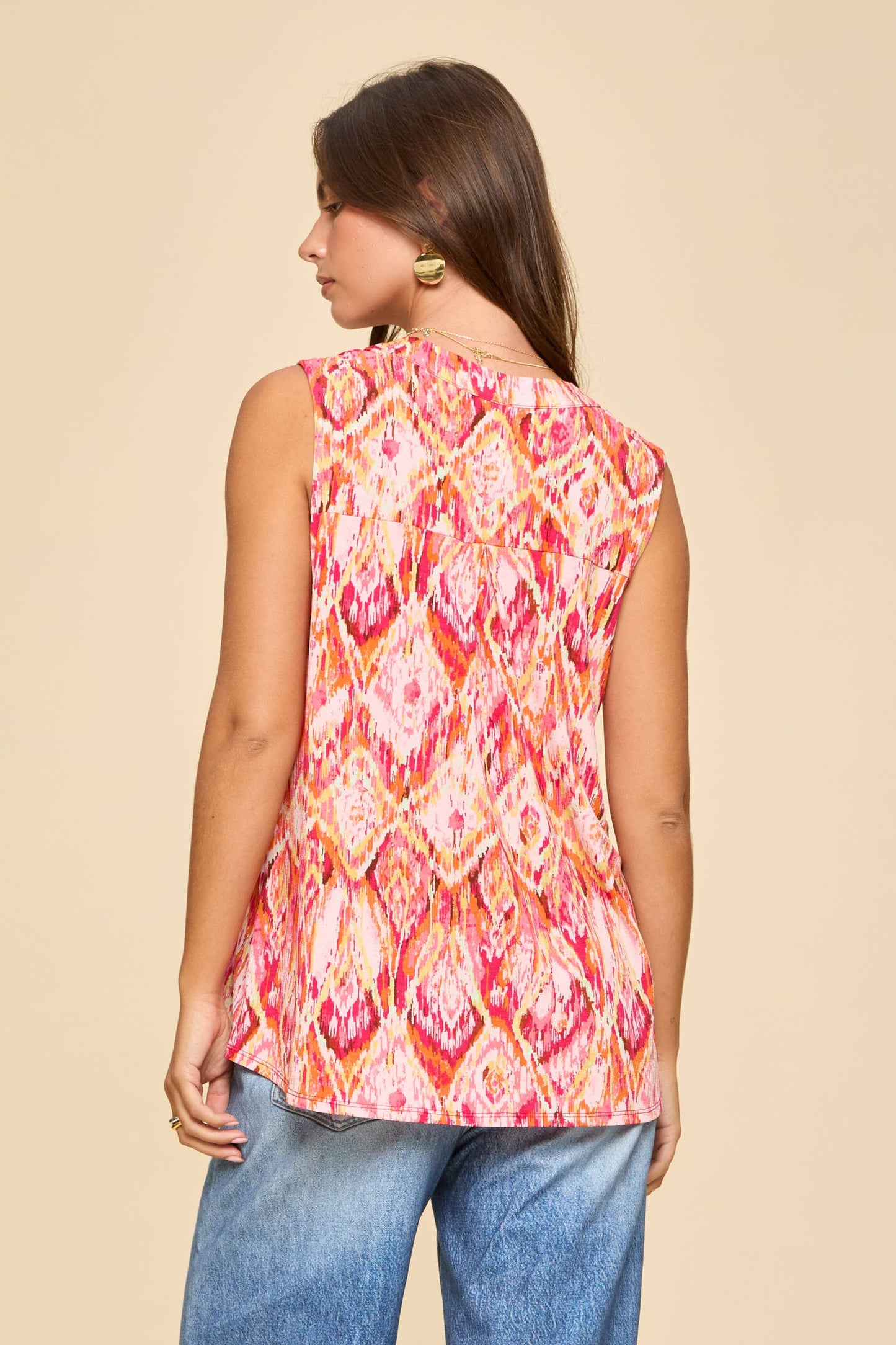 Colorful Diamond Print Coral Sleeveless Top