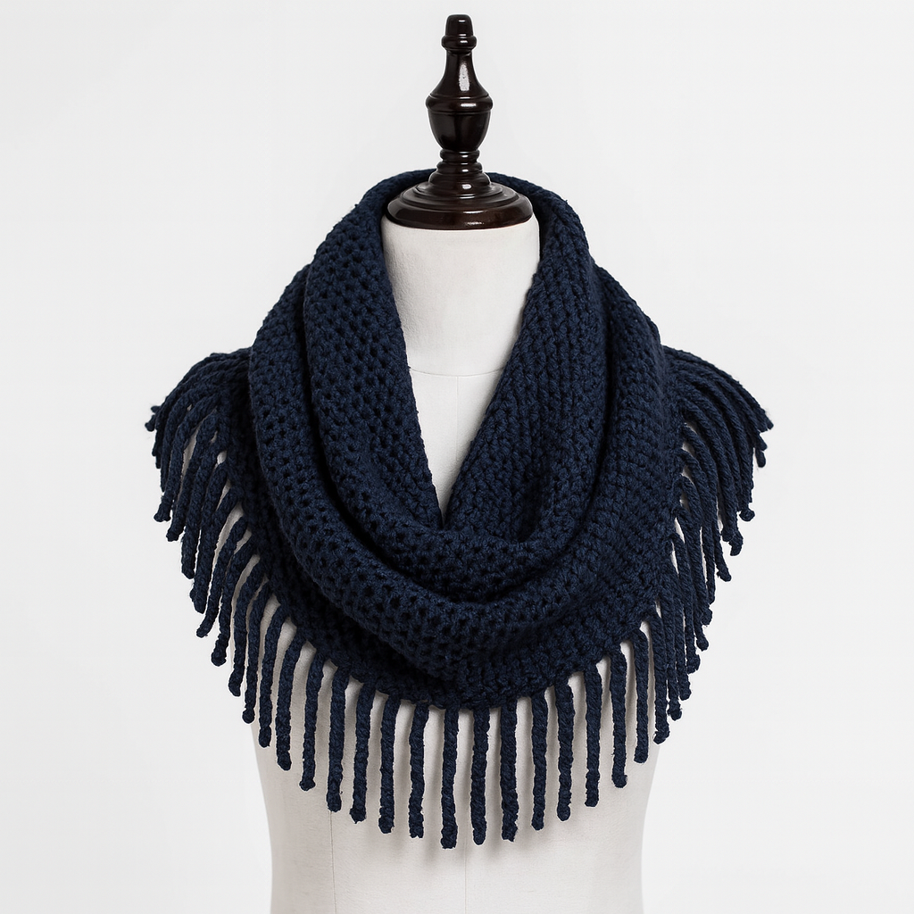 Dark Blue Tube-Style Scarf with Fringe