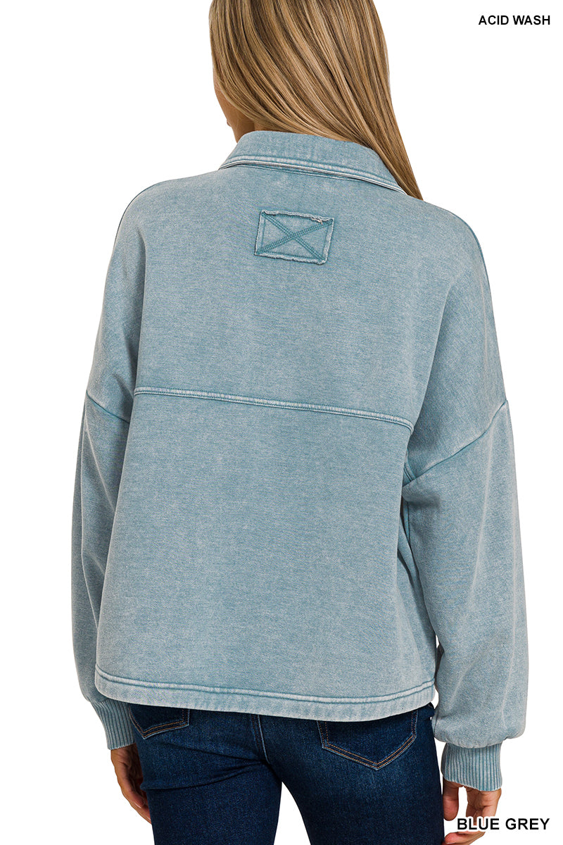 Acid Washed Fleece Crop Jacket w/ Pockets