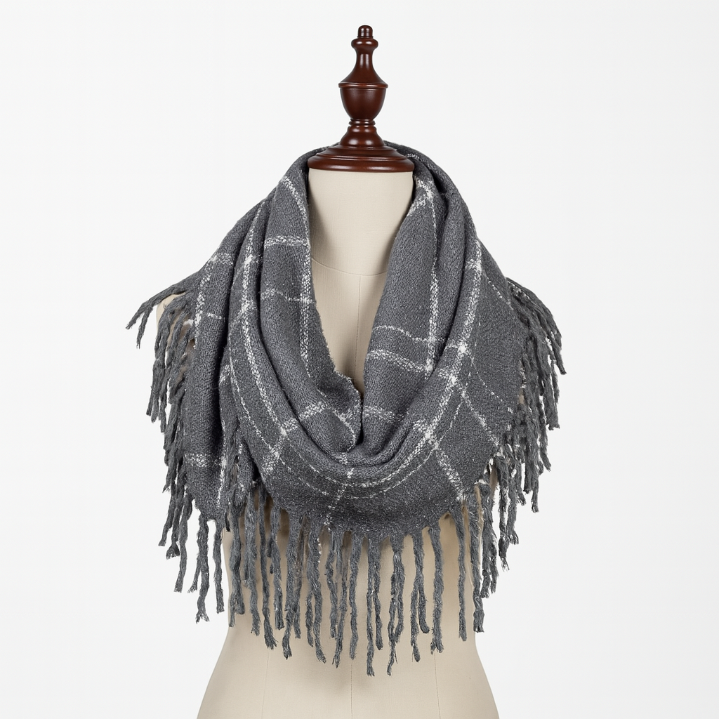 Grey and White Plaid Fringed Infinity Scarf