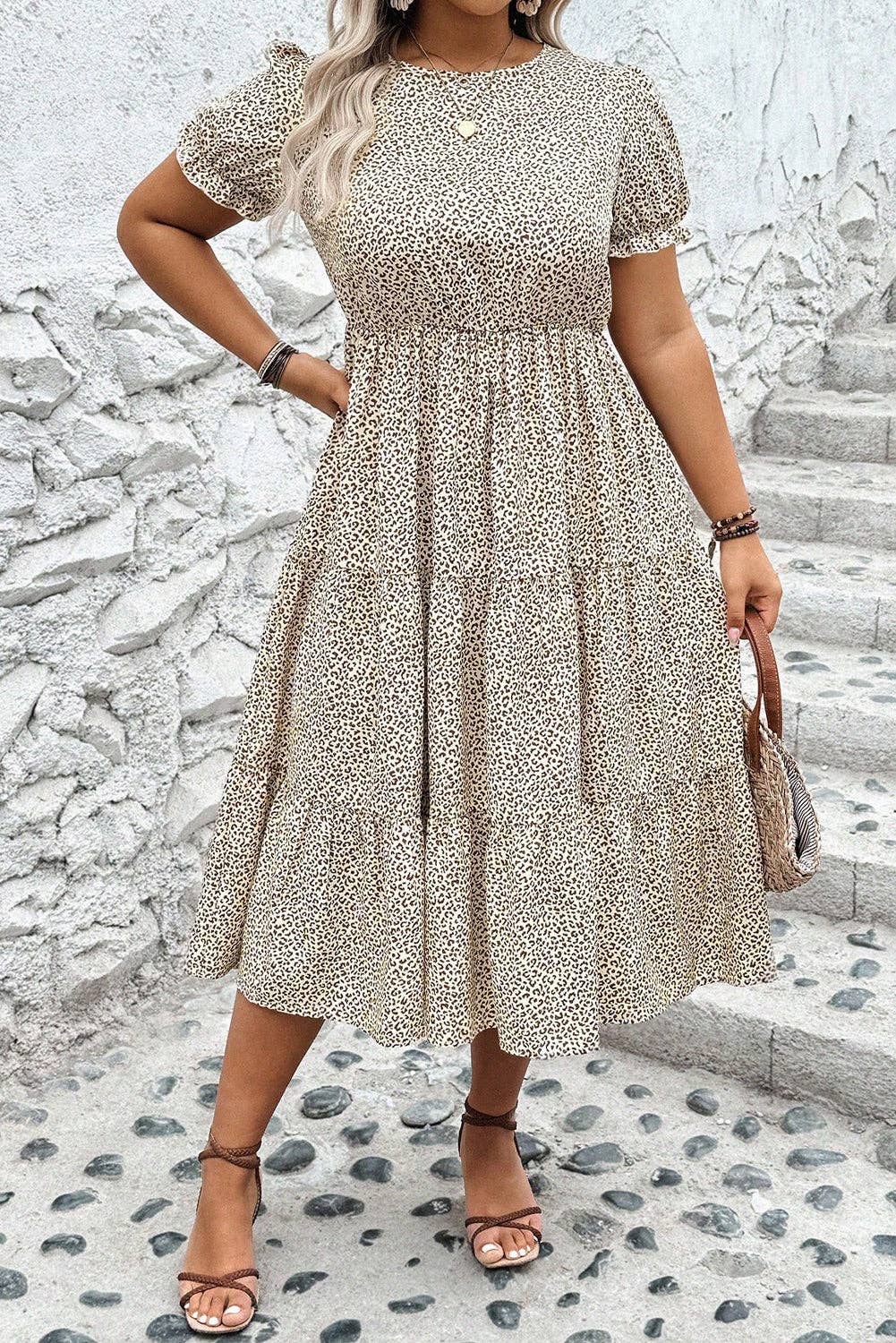 Plus Size Leopard Print Frill Trim Dress