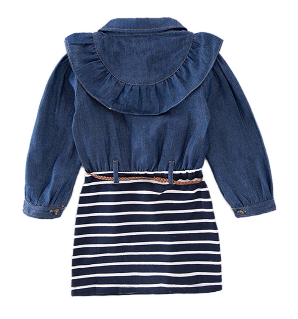 Girls Blue Ruffle Denim Striped Mini Tunic Dress with Belt