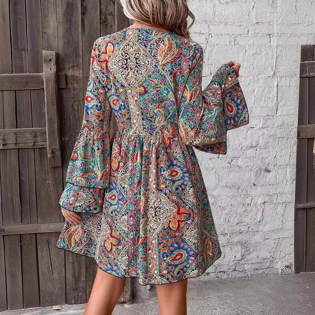 Boho Floral V Neck Flare Sleeve Wrap Dress