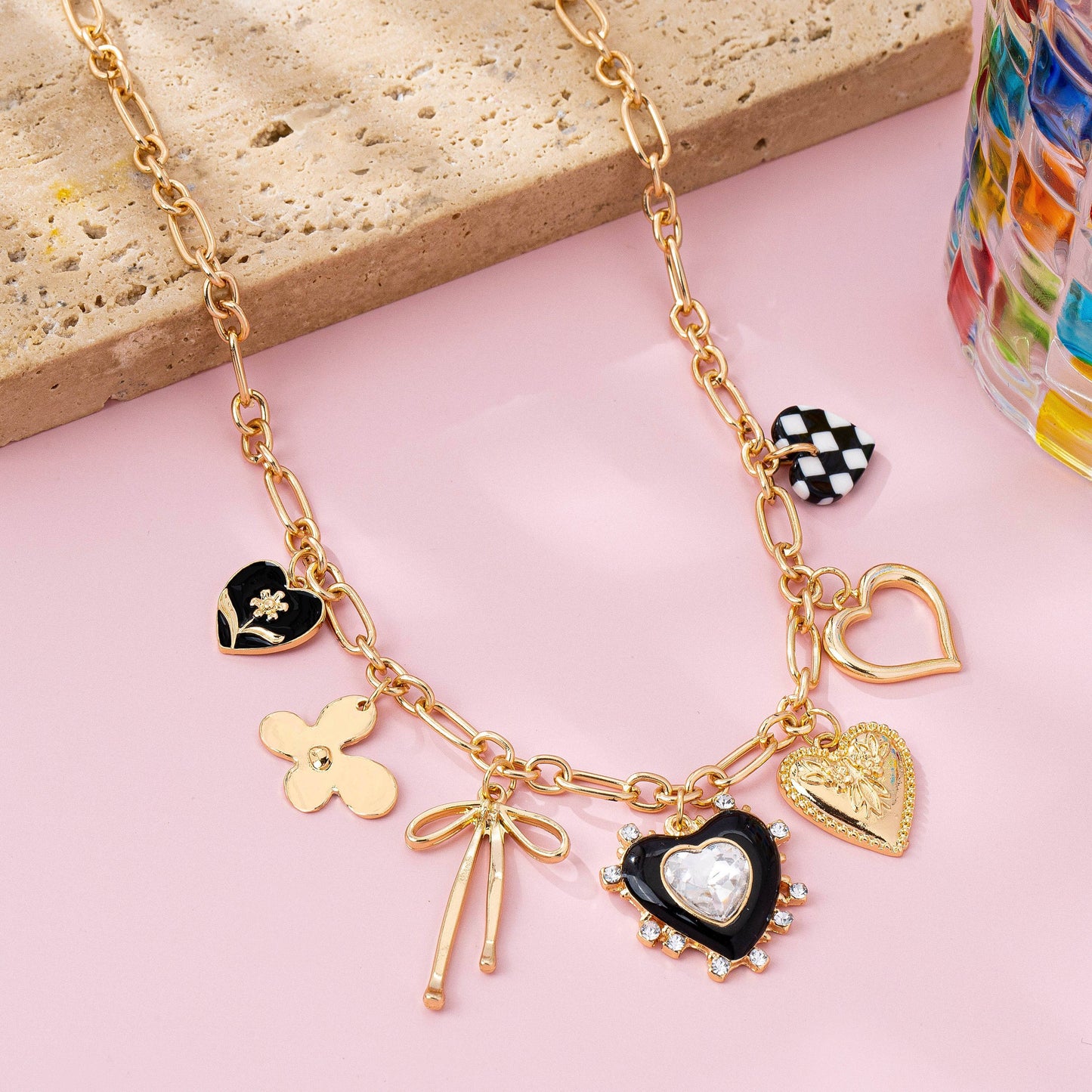 Playful Bow & Heart Charm Necklace