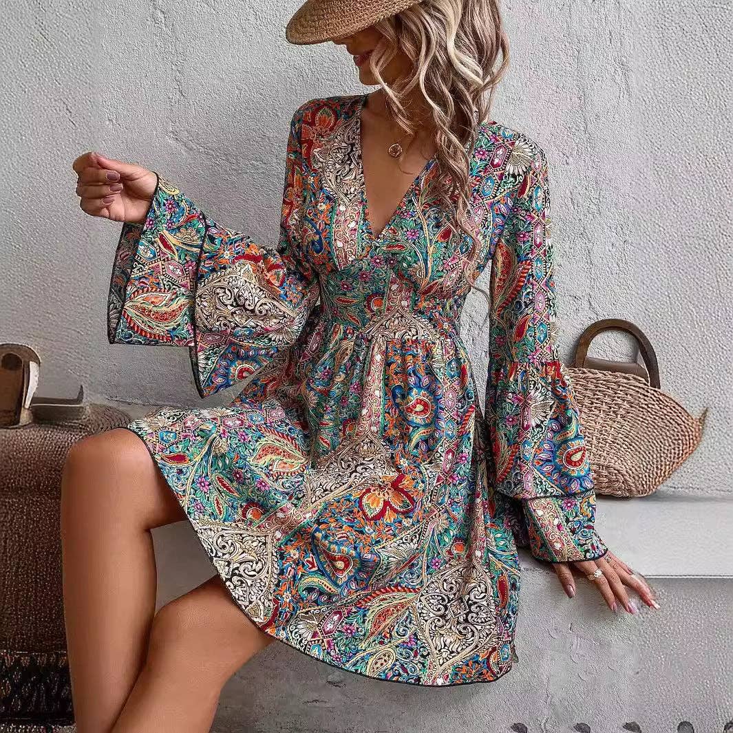Boho Floral V Neck Flare Sleeve Wrap Dress