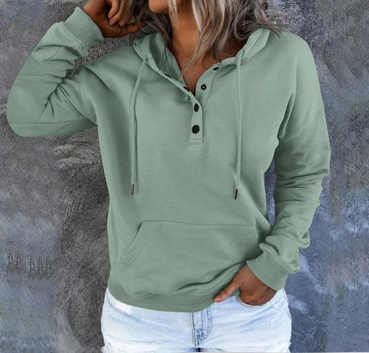 Hooded Drawstring Pocket Sweatshirt w/ Button Detail