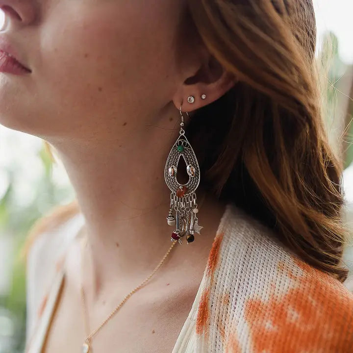 Carnelian Stones and Beaded Teardrop Earrings