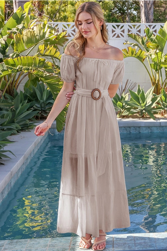 Belted Off Shoulder Tiered Boho Maxi Dress