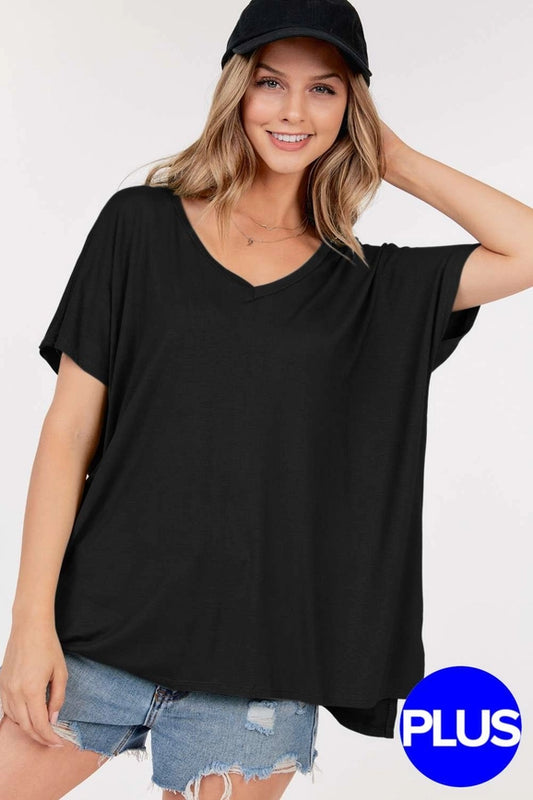 Basic Short Sleeve V Neck Boxy Top With Side Slits