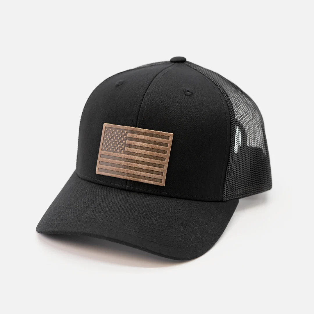 American Flag Hat-Leather Patch Trucker Hat