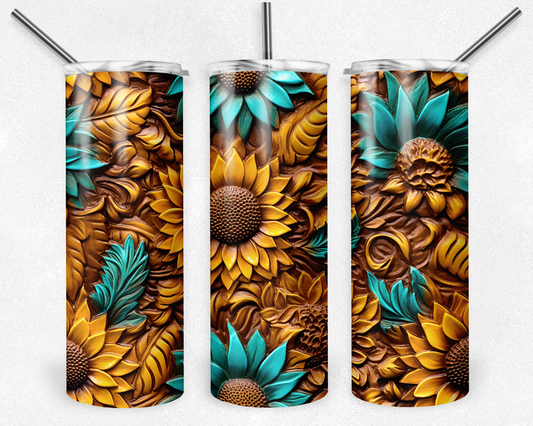 Tooled Leather & Sunflower 3D 20 oz Skinny Tumbler w/ Straw