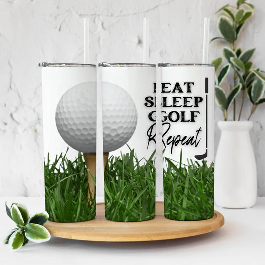 Eat, Sleep, Golf Repeat 20 oz Skinny Tumbler w/ Straw