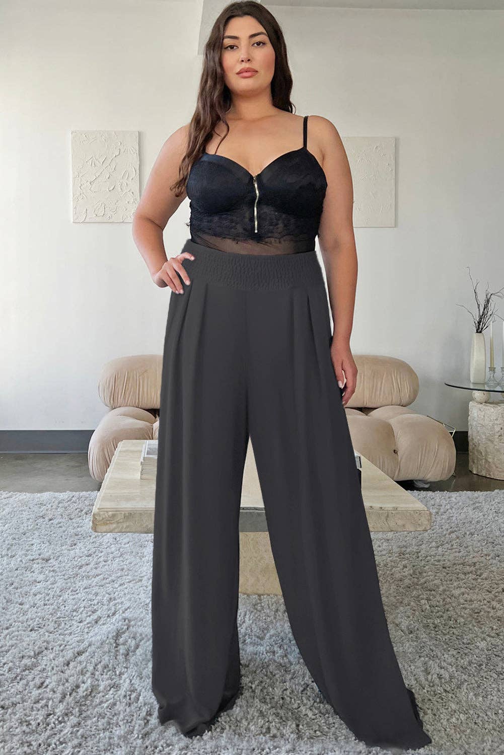 Plus Size High Waisted Flowy Pull On Casual Wide Leg Pants