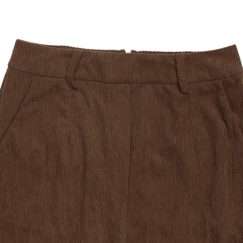 High Waist Corduroy Midi Skirt with Front Slit & Pockets