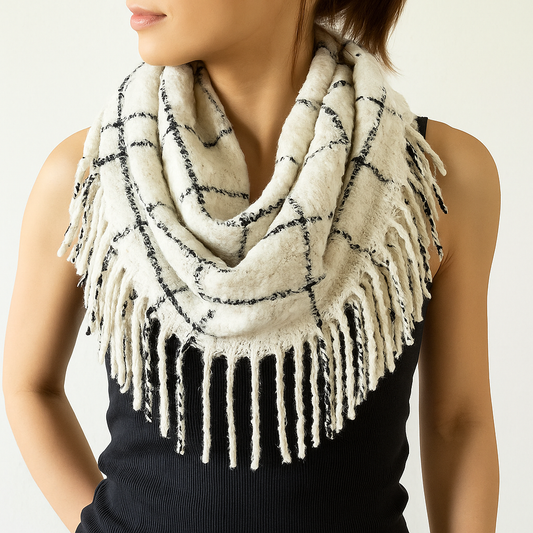 Ivory and Black Plaid Fringed Infinity Scarf