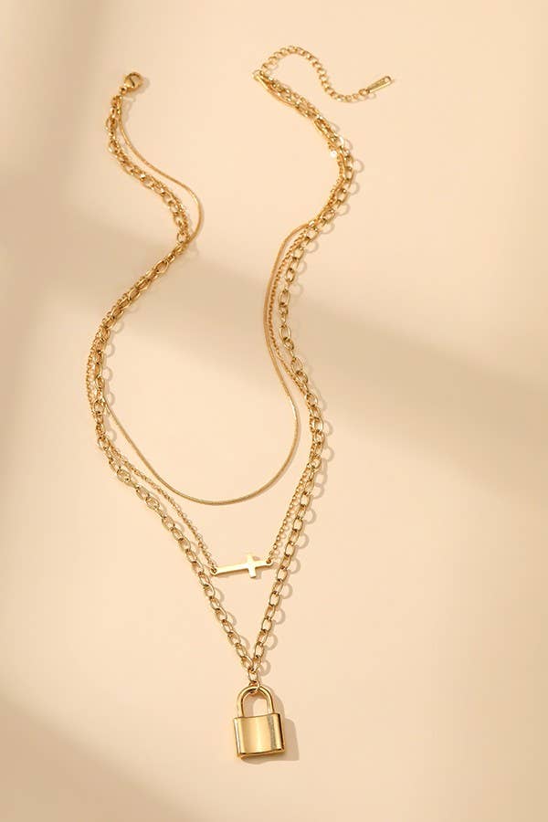 Gold Layered Cross & Lock Necklace